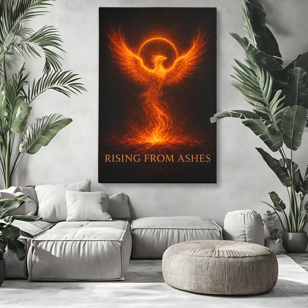 Tablou canvas cu ilustratie digitala cu pasarea phoenix din flacari, fara rama, pe sasiu de lemn, pe perete intr-un living